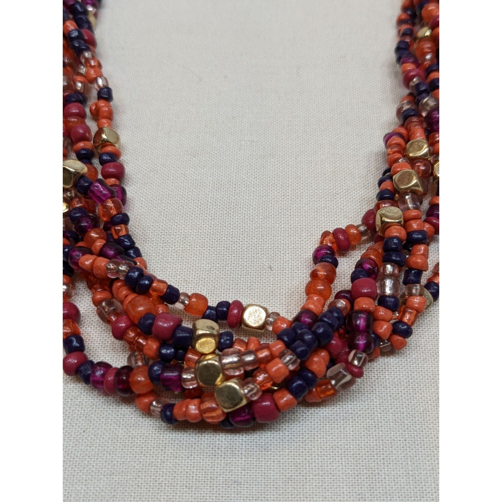 Bold Seed Bead Necklace Autumn Orange Purple Gold Tone Boho Ashley Cooper ~16" - Picture 2 of 6